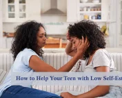 Teen with low self-esteem talking to her mom on a couch next to their kitchen.