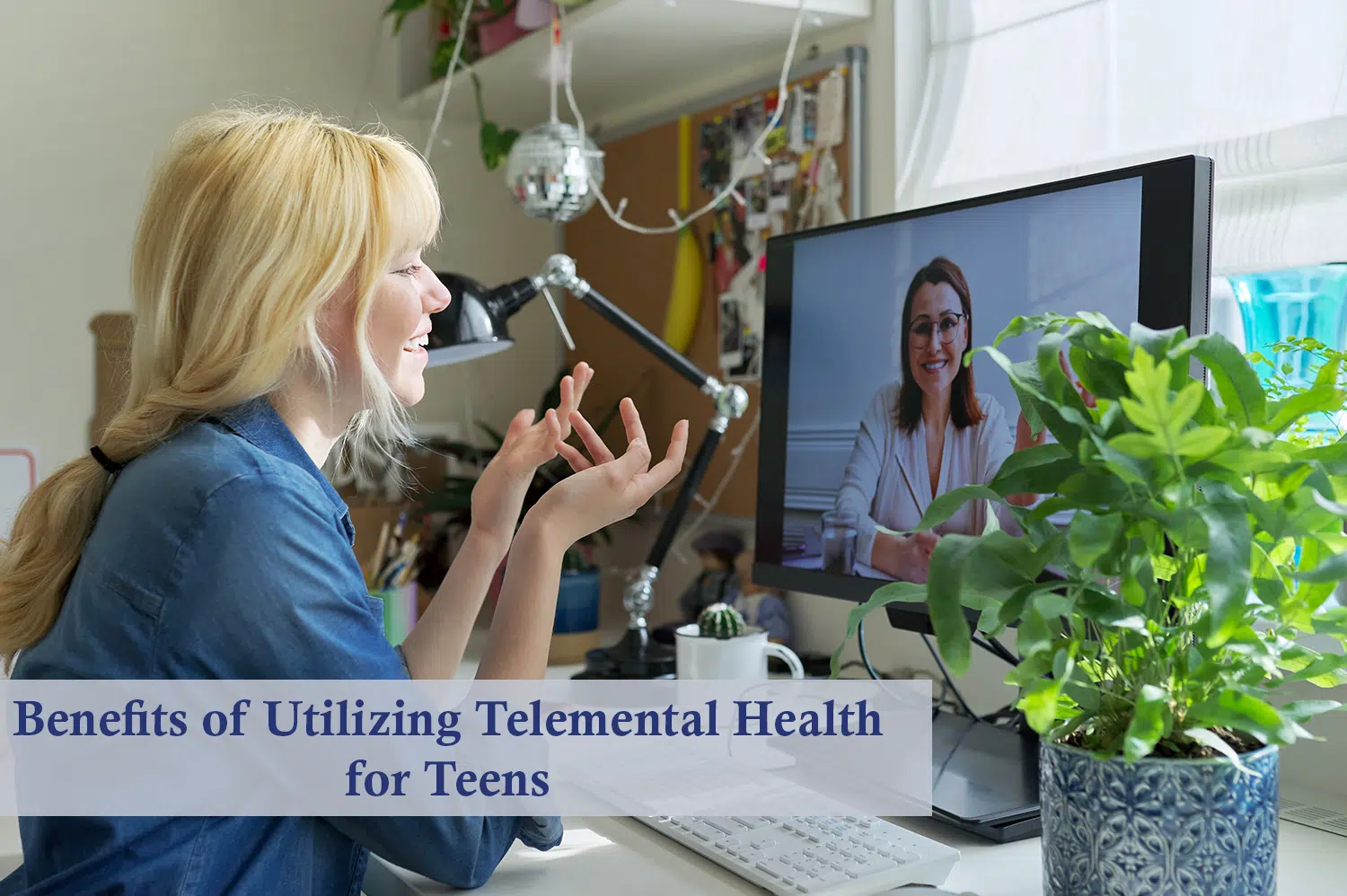 A teen girl with blonde hair meeting with her therapist in a telemental health call in her bedroom.